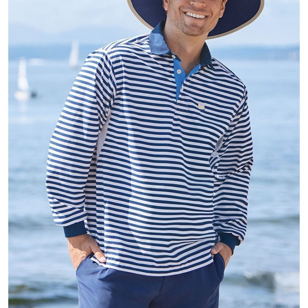Solumbra Sun Protection Men's XL Classic Polo Navy White Striped Pullover